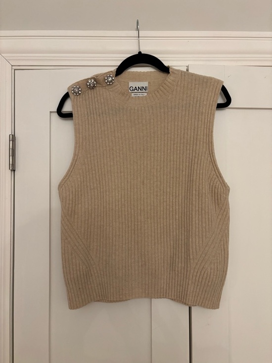 Ganni Sweaters - Ganni Beige Ribbed Knit Sleeveless Vest with Embellished Buttons